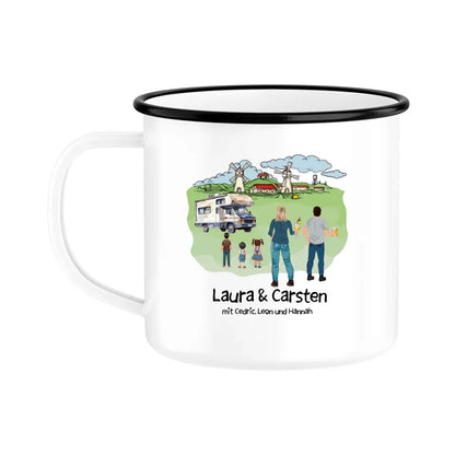 Emailletasse mit Wanderer oder Campingpaar und Spruch (beidseitig personalisierbar)