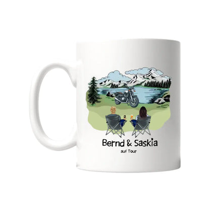 Keramiktasse mit Wanderer oder Campingpaar und Spruch