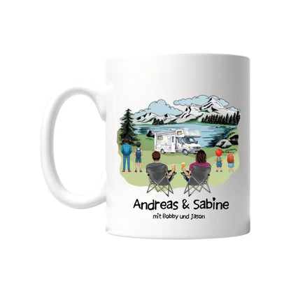 Keramiktasse mit Wanderer oder Campingpaar und Spruch