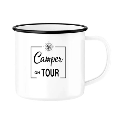 Emailletasse mit Wanderer oder Campingpaar und Spruch (beidseitig personalisierbar)